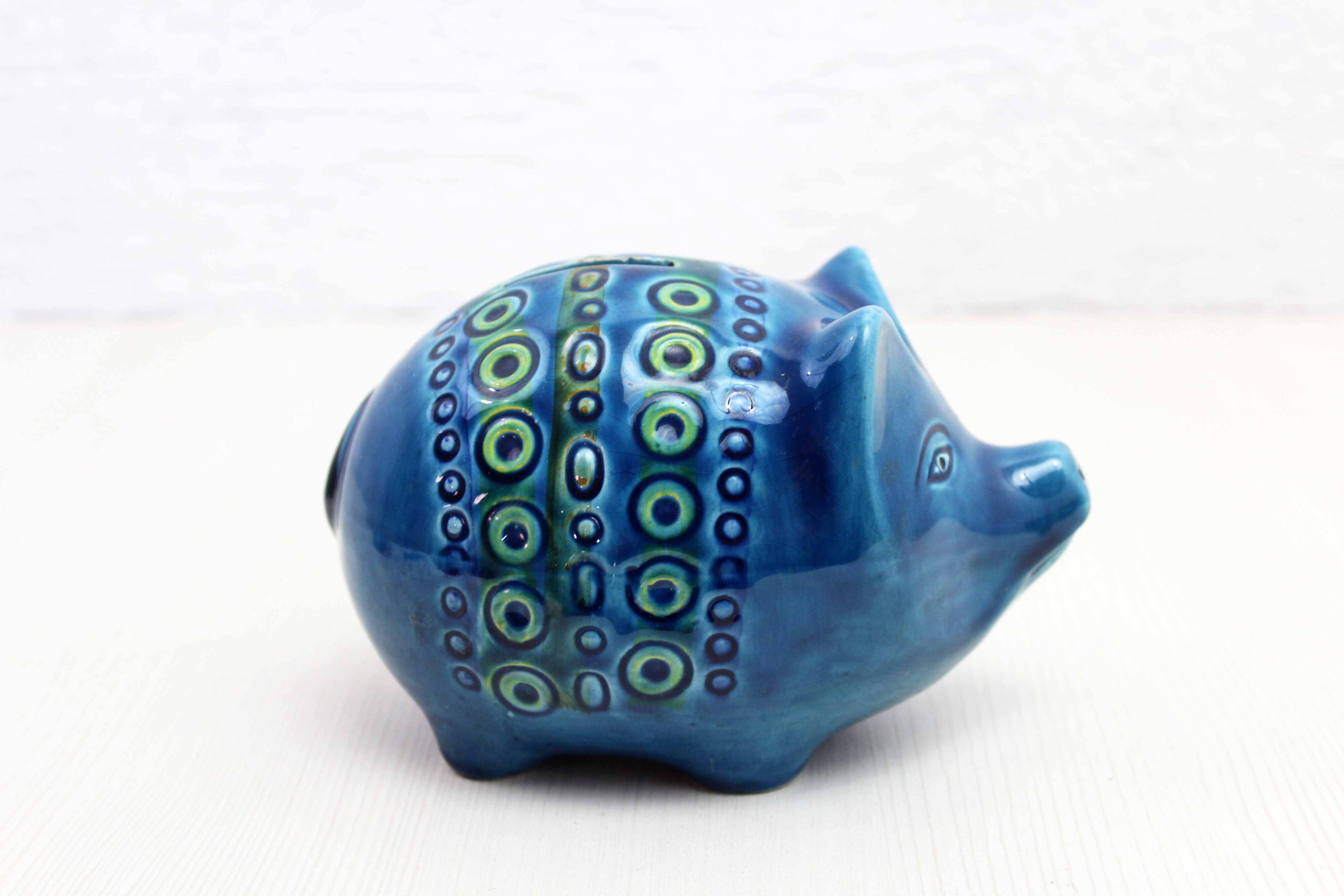 Zoomorphic ceramic, Piggy Bank in blue ceramic from Rimini, Italy 1970
