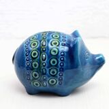 Céramique zoomorphe, Cochon Tirelire en céramique bleue de Rimini, Italie 1970