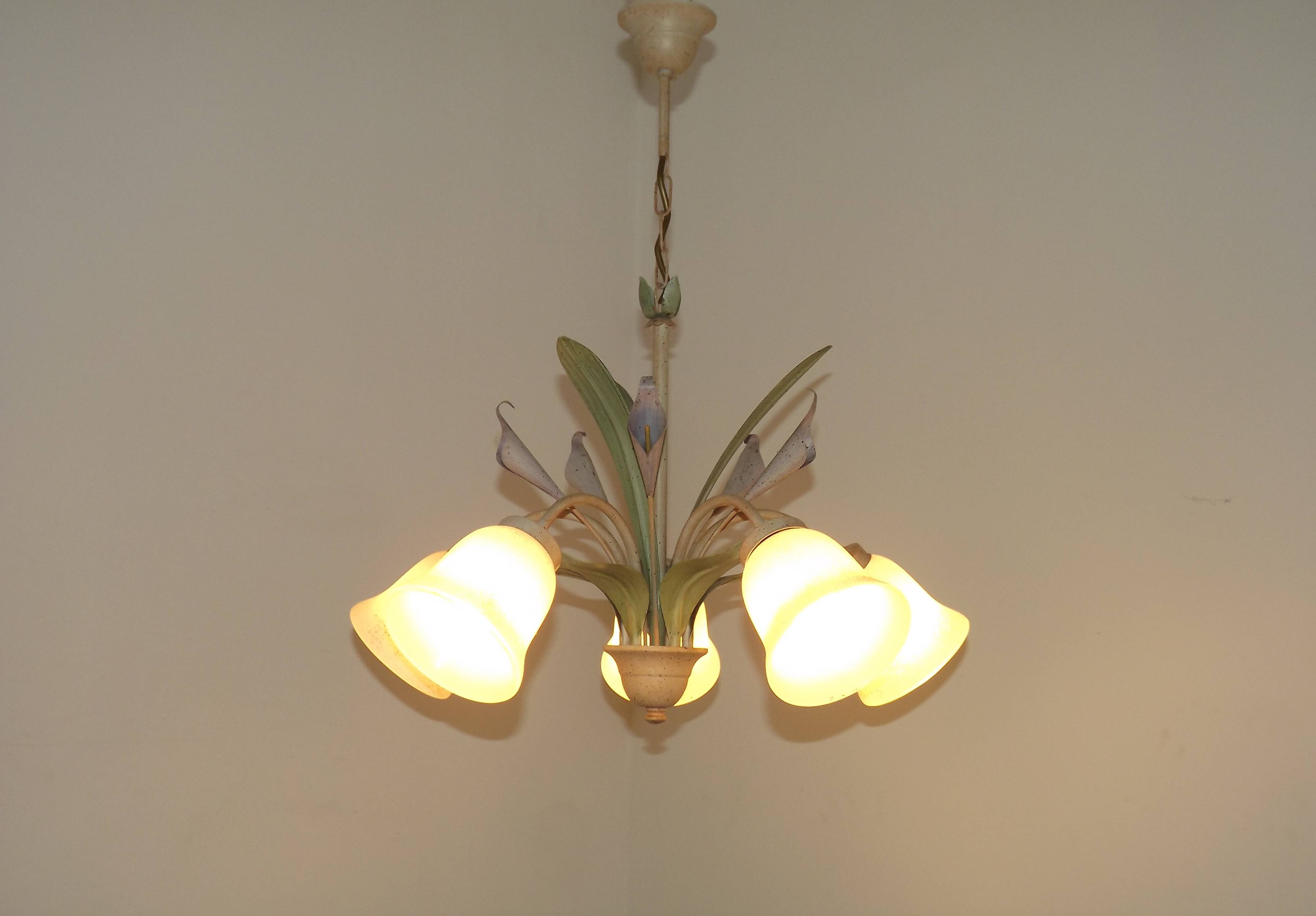 French Vintage 3 Light Lavender Lily Chandelier with Glass Shades 5480