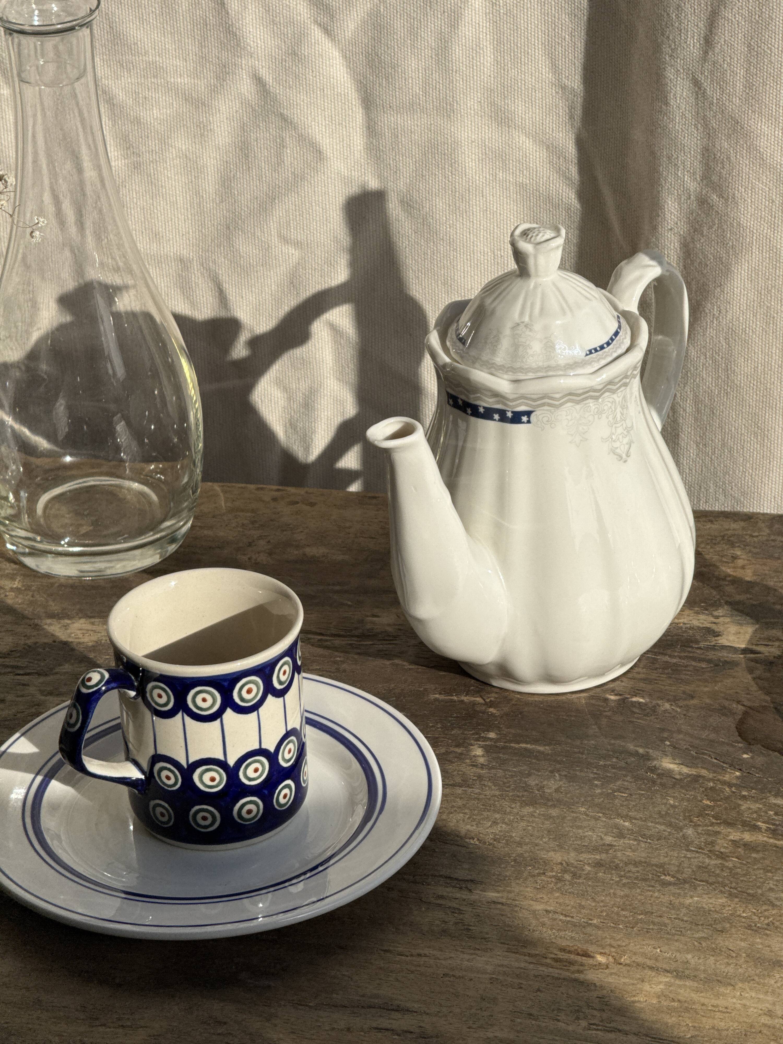 White earthenware teapot with blue and silver trim H22.5