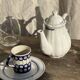 White earthenware teapot with blue and silver trim H22.5