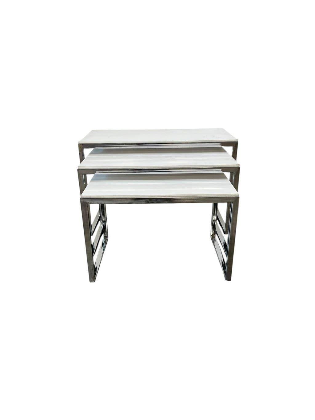 Set of 3 vintage nesting tables / chrome/marble side tables.