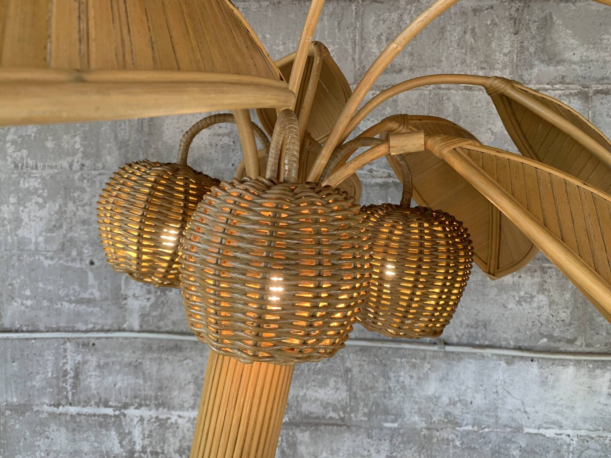 Pencil Reed rattan bamboo coconut palm tree floor lamp, Mario Lopez Torres, 1970s