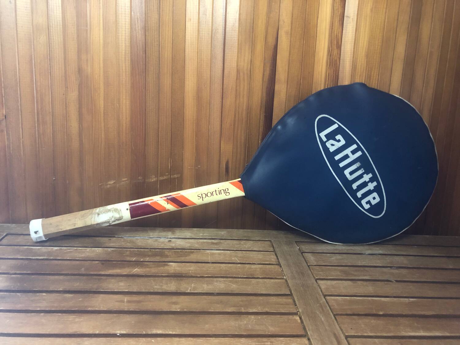 Old la hutte tennis racket wood + cross & protective cover