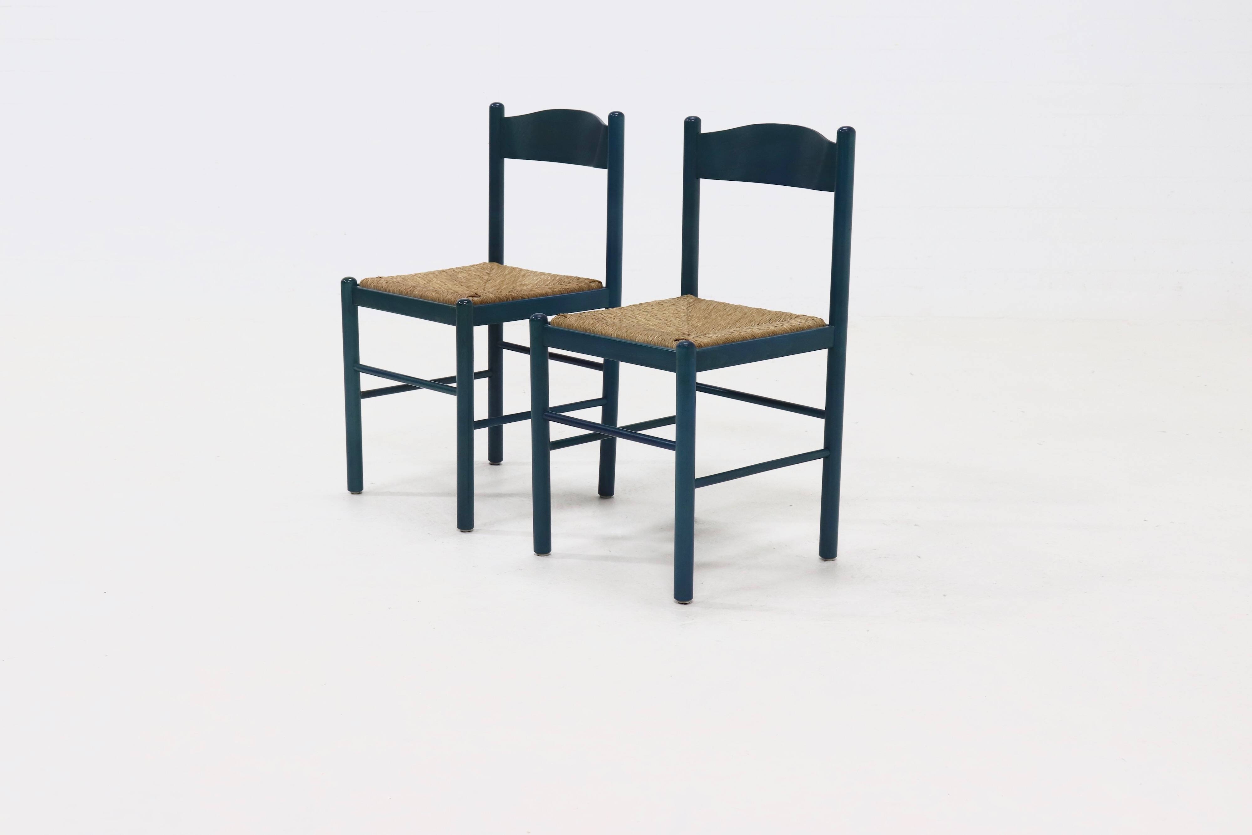 Set of 2 Stained Wood and Rush Dining Chairs 1960s