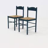 Set of 2 Stained Wood and Rush Dining Chairs 1960s