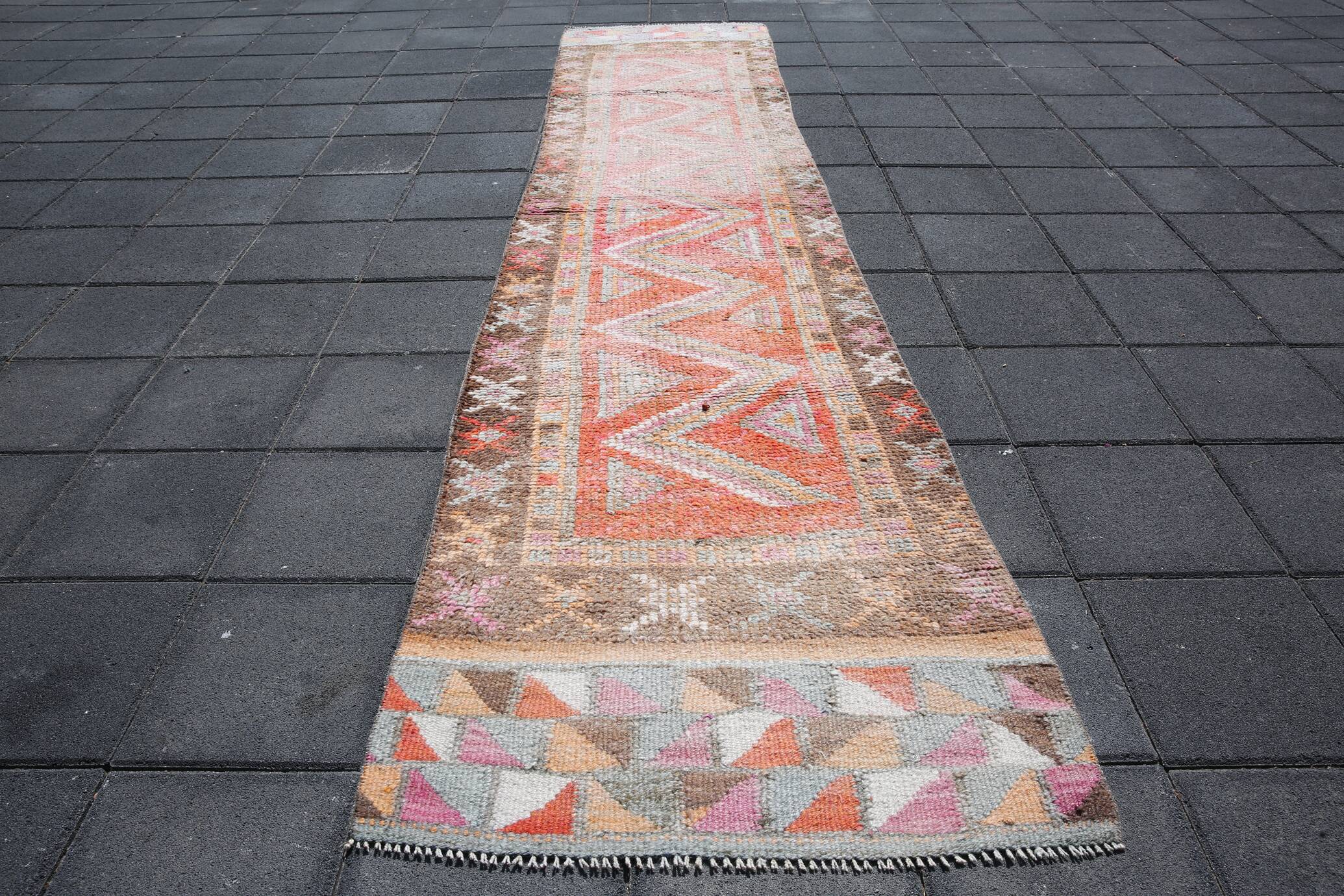 Colorful Vintage Runner Rug, Soft Pink Handmade Hallway Carpet, 82x334 Cm