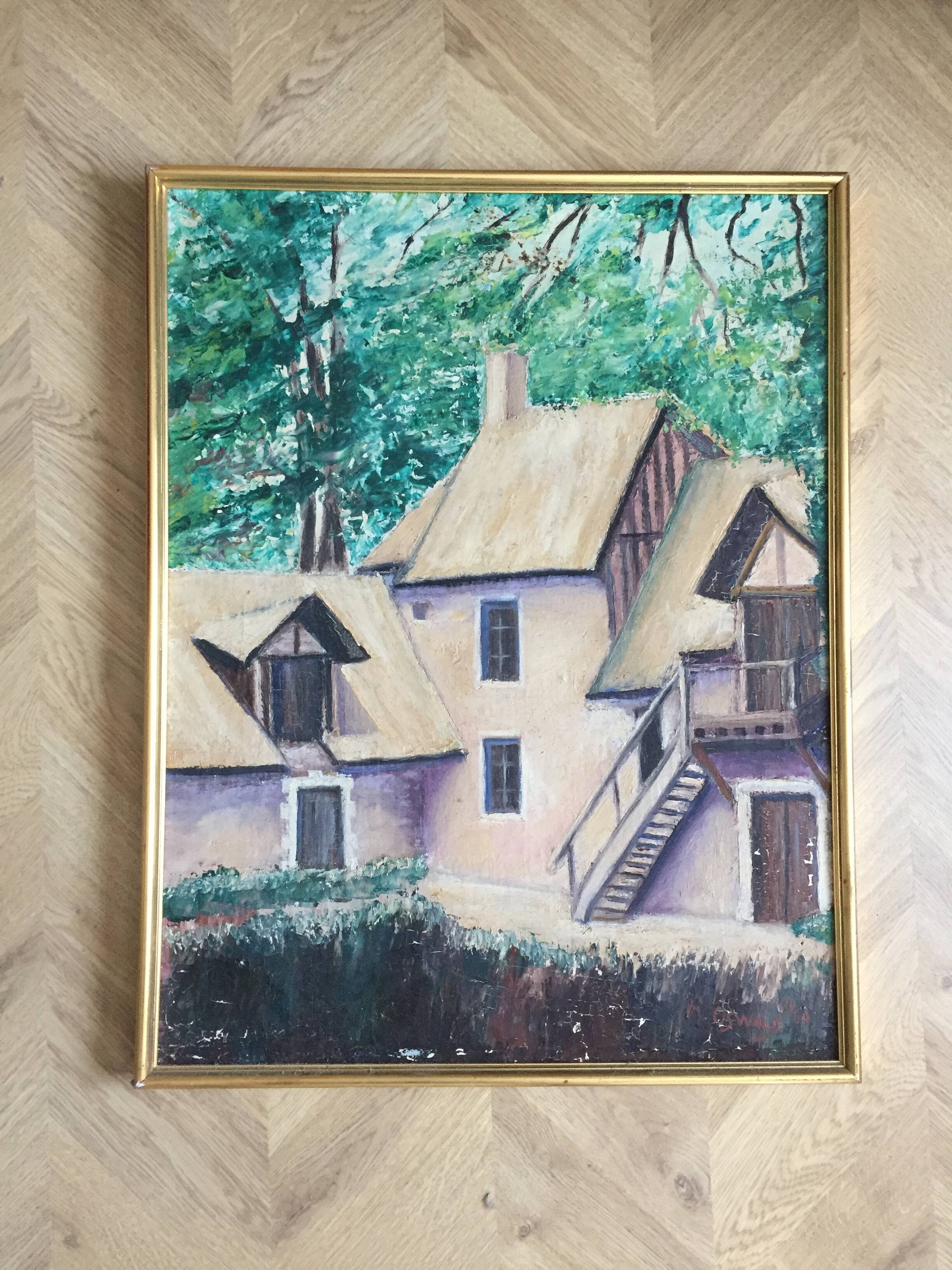 Oil on canvas painting Normande R.Oswald 1960 gilded wooden frame