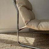 Vintage armchair Gillis Lundgren, beige and chrome canvas, Sweden 1970
