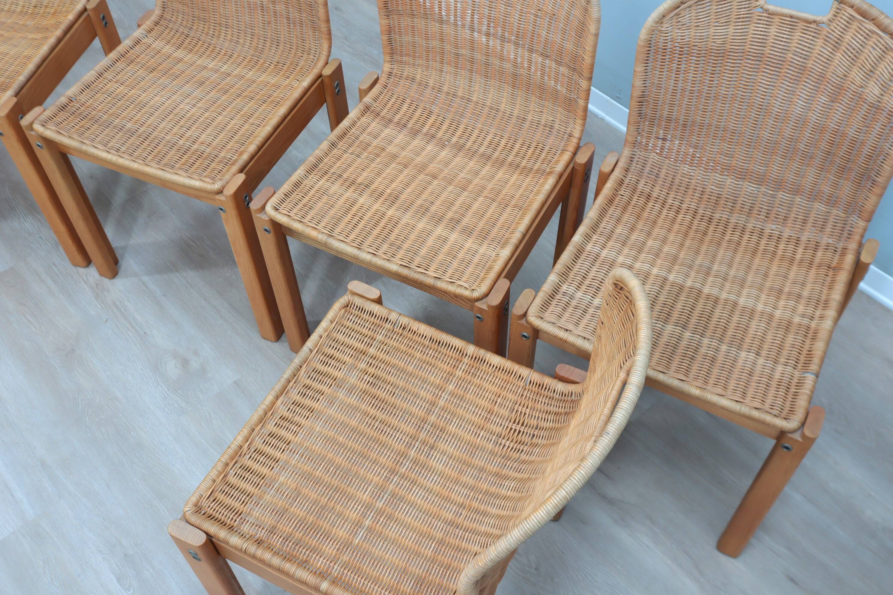 Chaises courbées en osier et bois années 1970, lot de 6