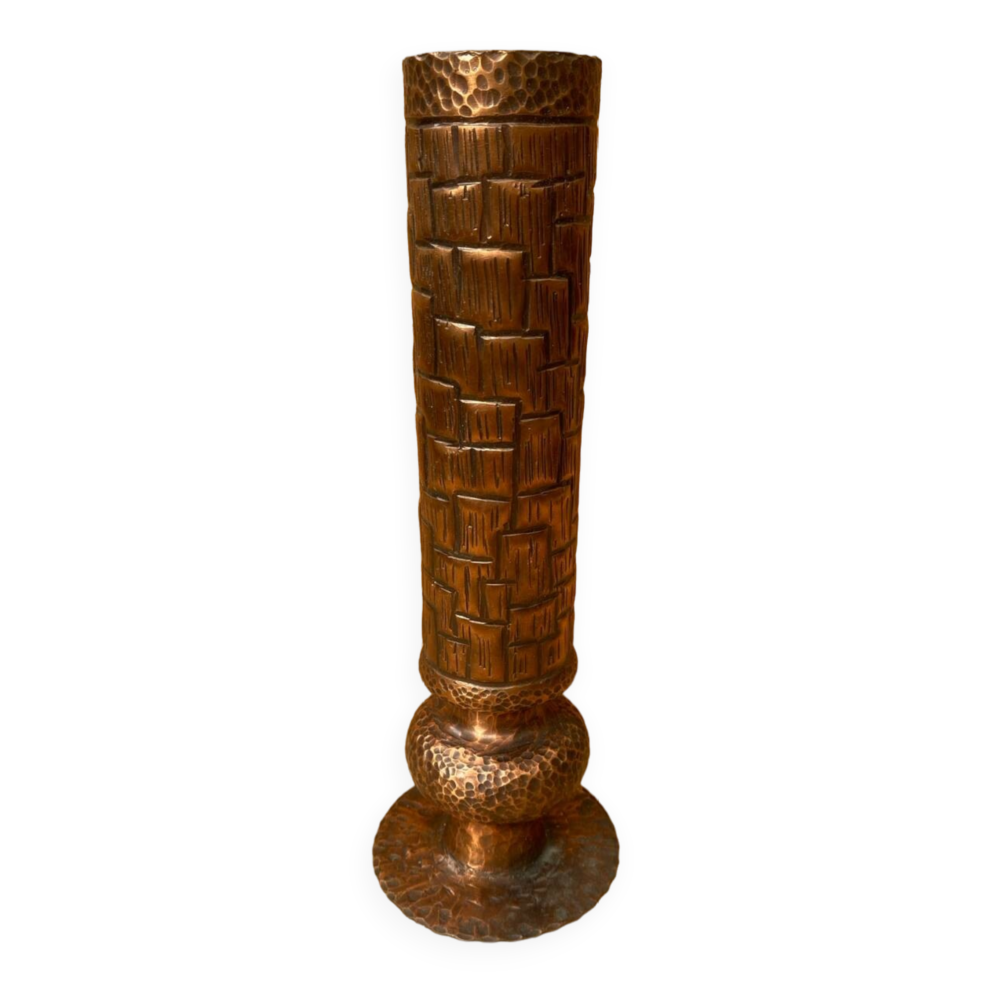 Antique brutalist hammered copper cylinder vase vintage