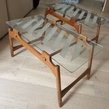 Set of two Italian wooden tables with glass top