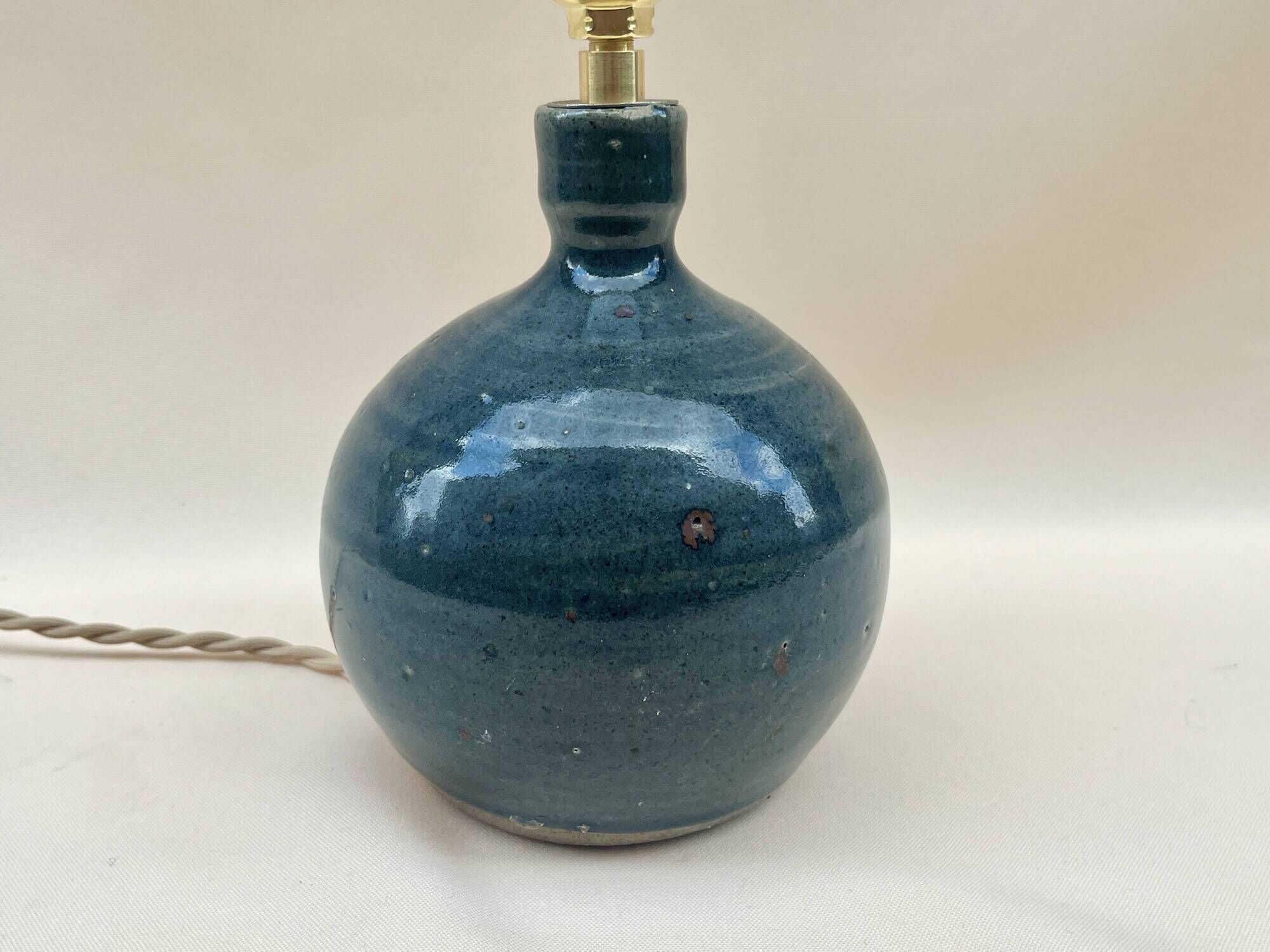 Vintage blue pyrite stoneware lamp 1970s raffia rope lampshade ribbons 70s bohemian