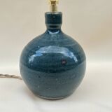 Lampe en grés pyrité bleu vintage 1970 abat-jour corde raphia rubans années 70 bohème