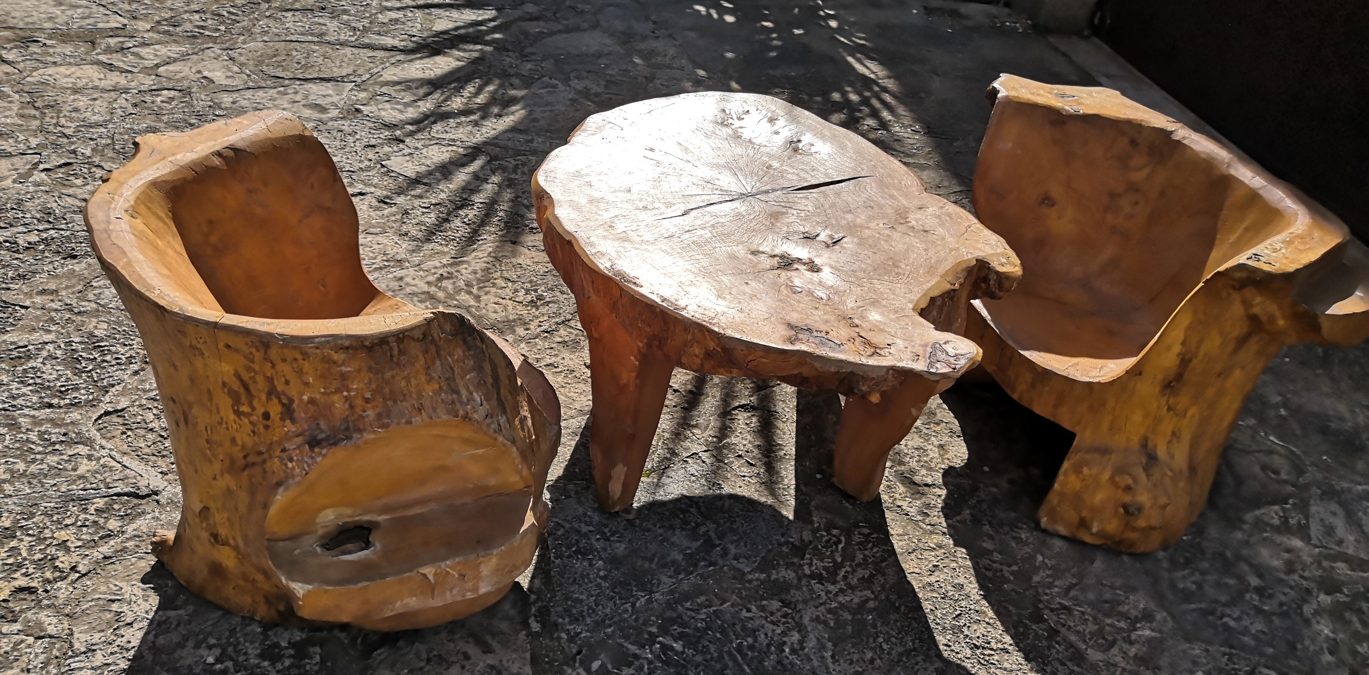 Living room 2 armchairs & coffee table in elm brutalist design 1950