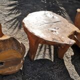 Salon 2 fauteuils & table basse en orme design brutaliste 1950