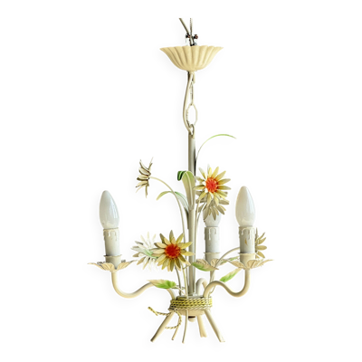 Petit lustre vintage à fleurs en métal crème fleurs orange à 3 bras