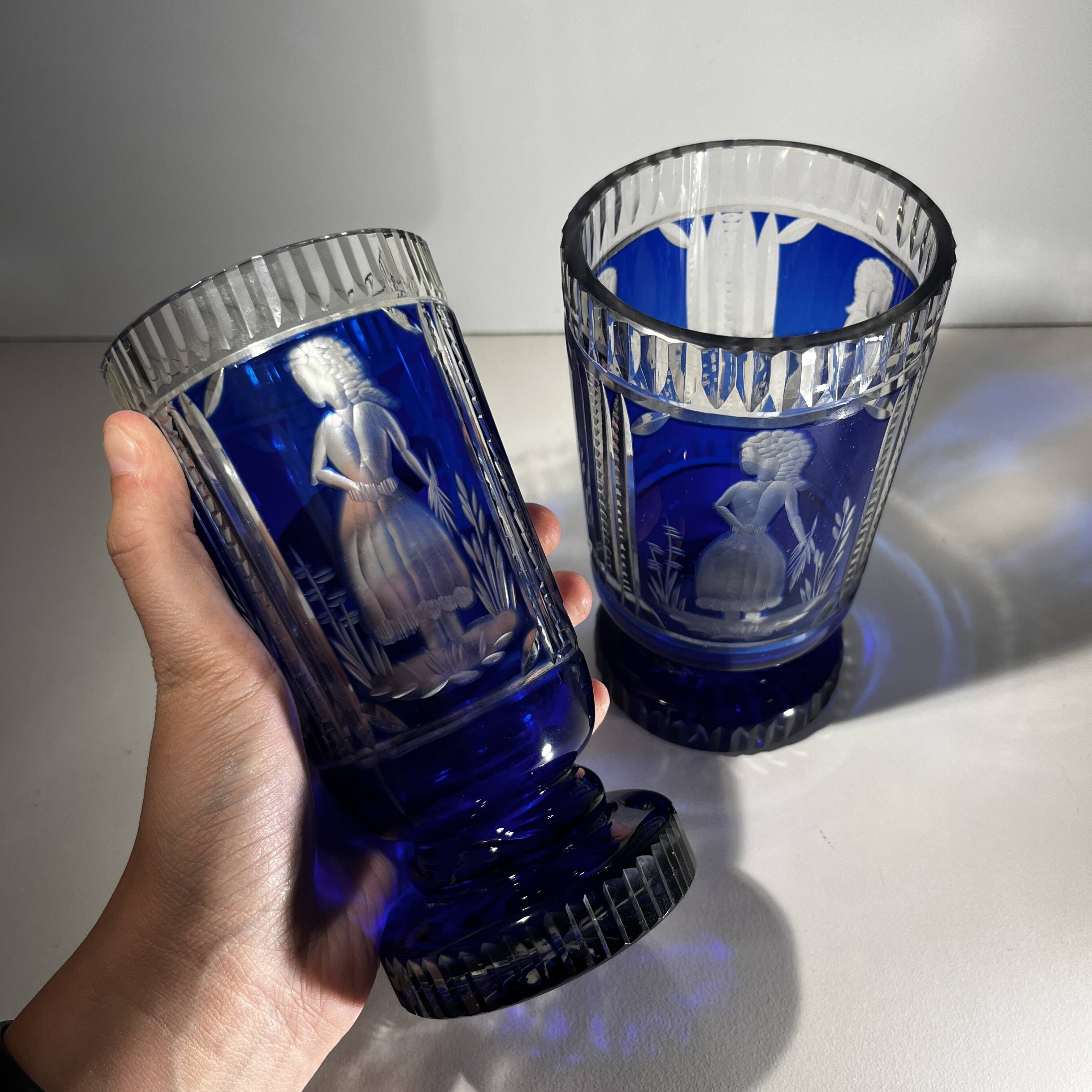 Bohemian crystal, set of 2 cobalt blue cut double glasses, ca 1900