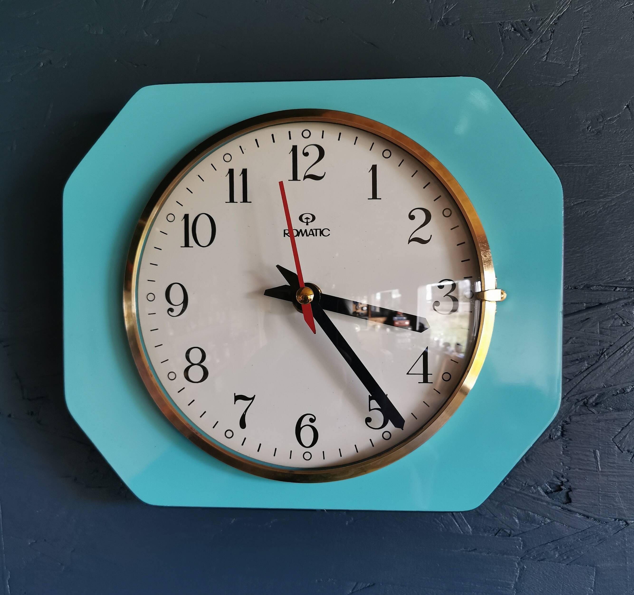 Vintage formica clock rectangular silent wall pendulum "Romatic turquoise blue"