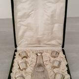 Liquor service crystal carafe glasses silver metal