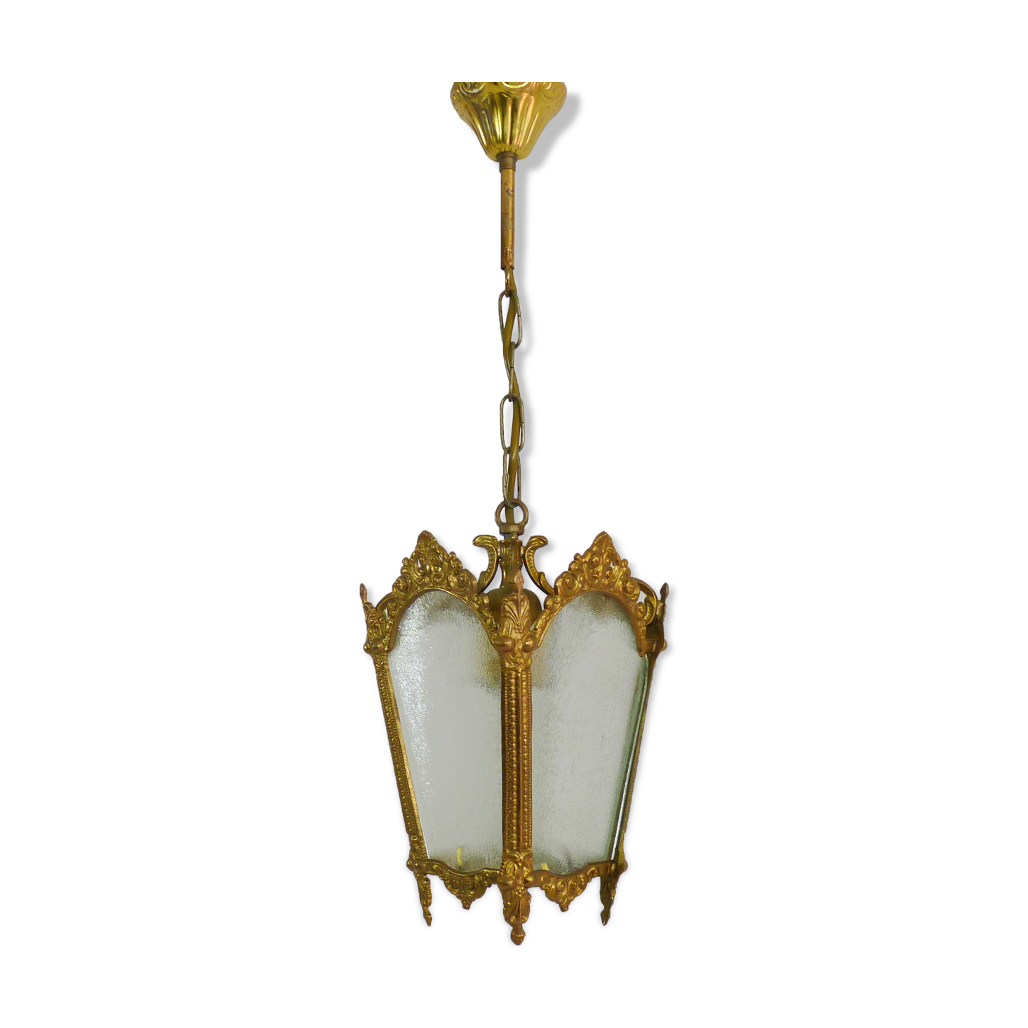 Old lantern with 4 faces in glass, chandelier in gilded bronze and glass, year 60