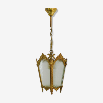 Ancienne lanterne à 4 faces en verre, lustre en bronze doré et verre, année 60