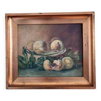 Antique original still life oil painting, fruit kitchen art