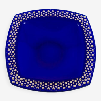 Cobalt blue glass cup gilded relief decoration, square, 1960