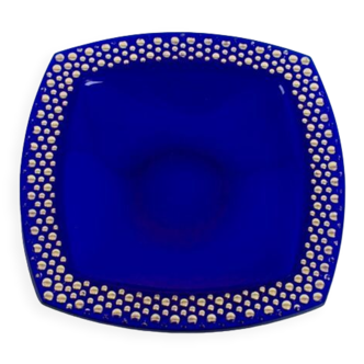 Cobalt blue glass cup gilded relief decoration, square, 1960