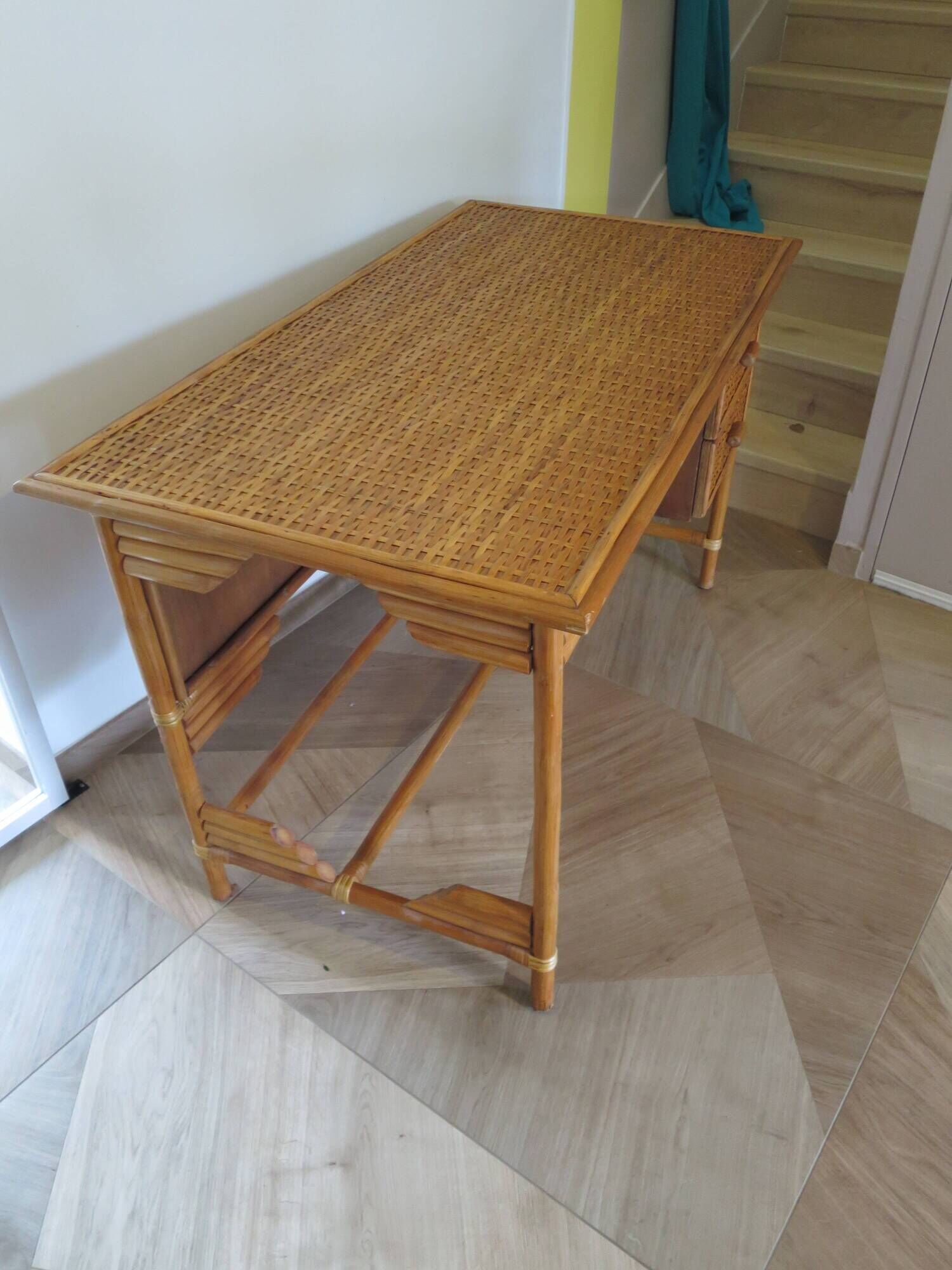 desk - wood-bamboo and woven wicker rattan - 2 drawers - large top - 80