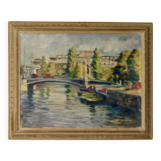 1940's Finish Mid-Century Oil On Canvas Painting" Stockholm" by Pentti Veroma --Vintage & Framed