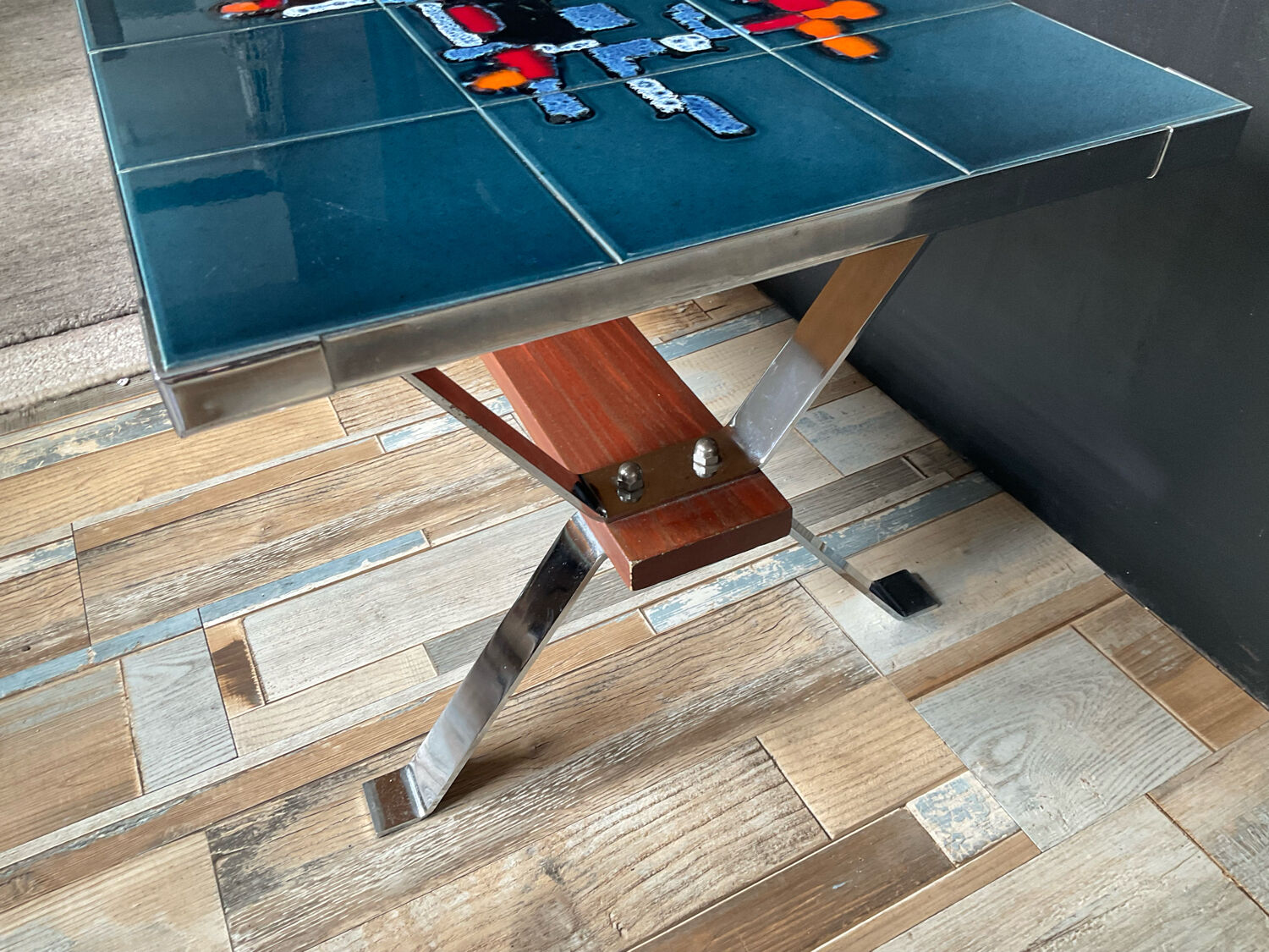 Coffee table in signed ceramic and chromed metal 70s