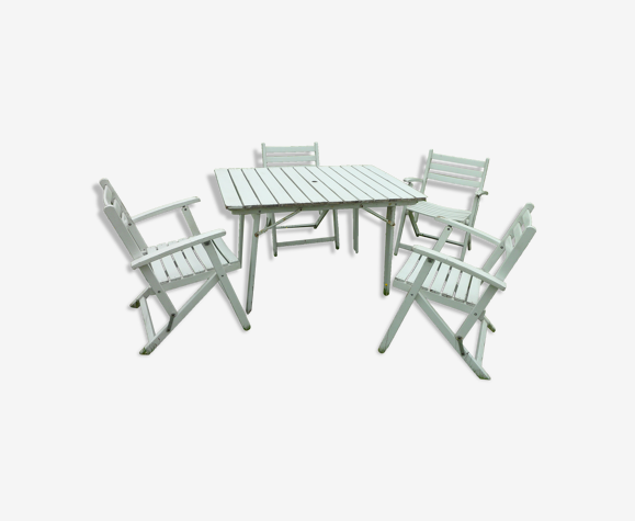 Table et 4 fauteuils blanc en bois marque Dejou