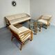 Complete living room with rattan sofa and white bouclette, brass finish, 80's design
