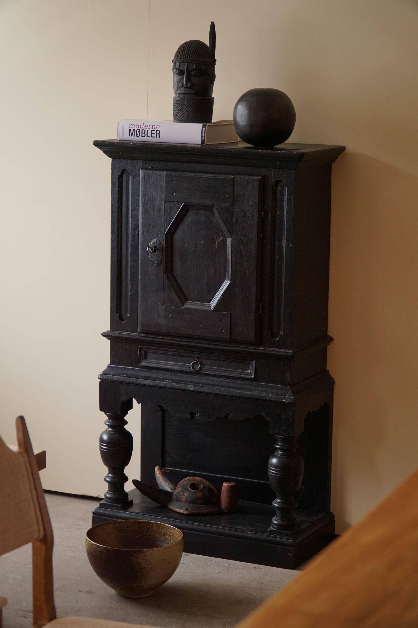 Antique black painted wardrobe from the 18th century by a Danish cabinetmaker, baroque.