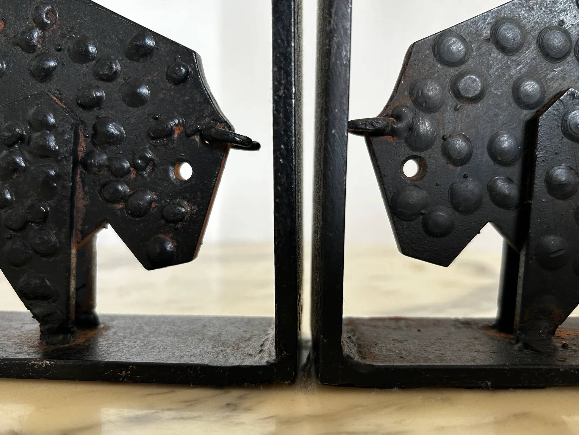 Pair of brutalist buffalo / bison bookends, black metal, mid-century