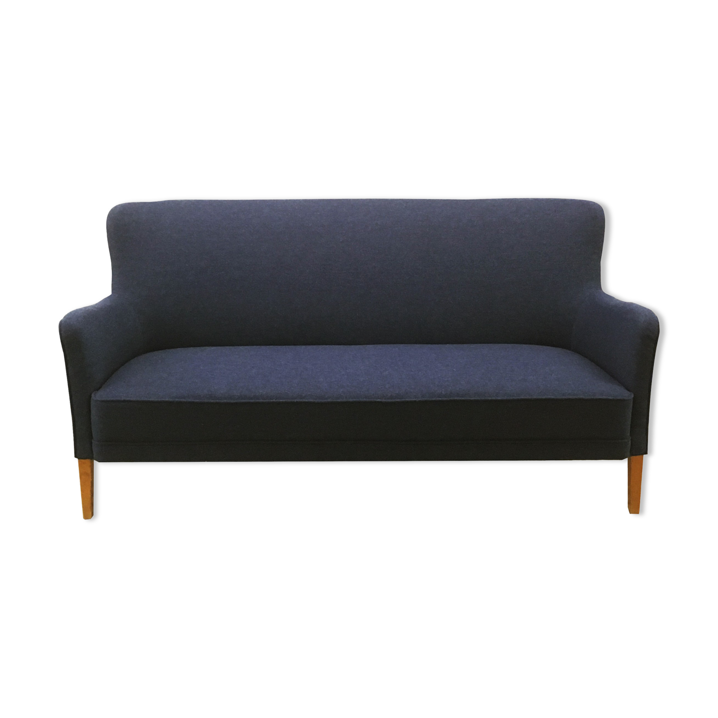 1940s three-seater sofa reupholstered in blue wool