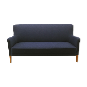 1940s three-seater sofa reupholstered in blue wool