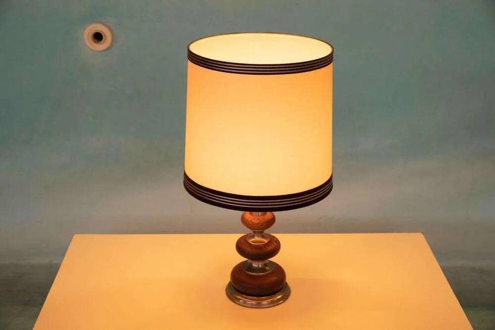 1960s bohemian table lamp, space age wooden bedside lamp