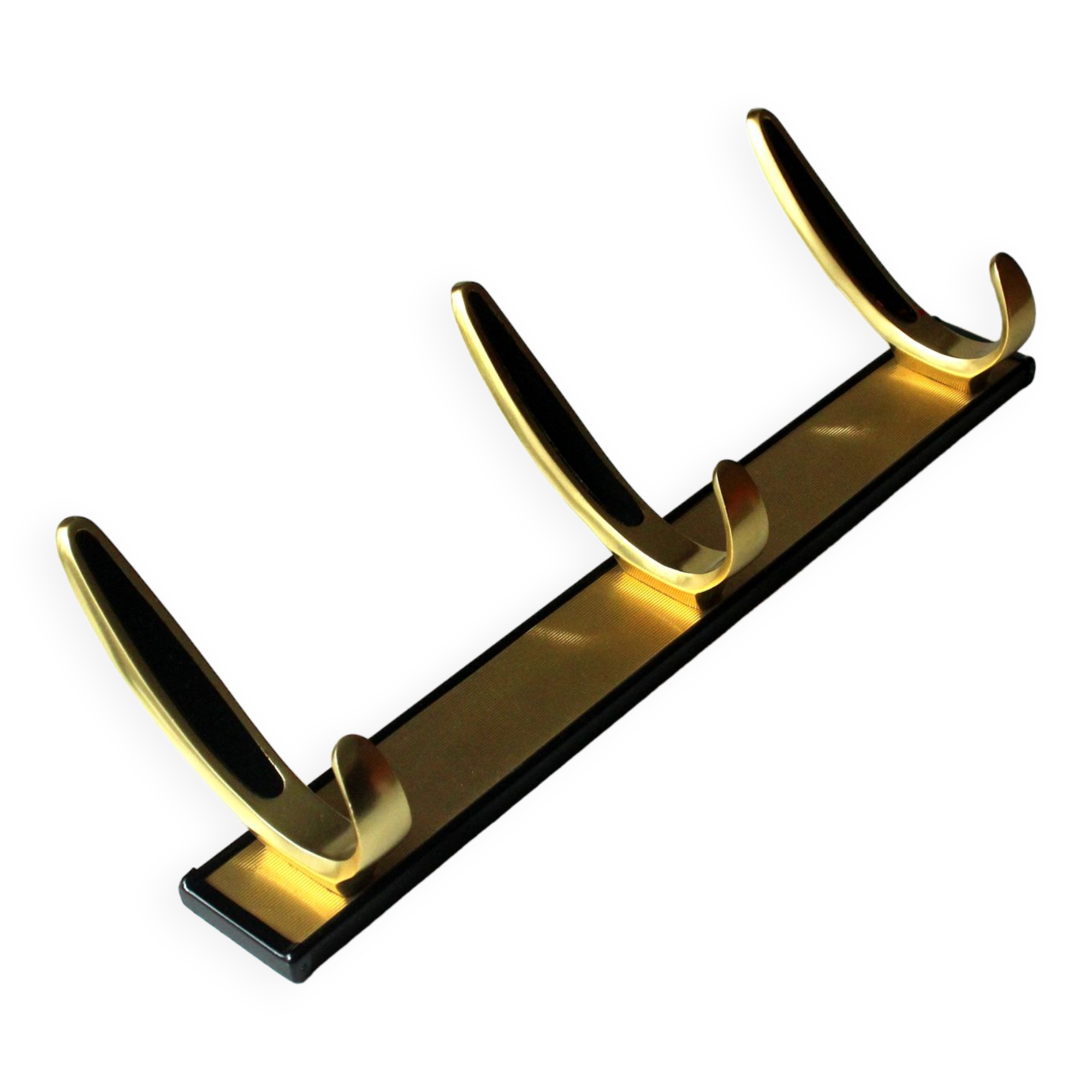 Rockabilly wall mounted metal  and brass coat rack with 3 hooks, vintage from the 1950s