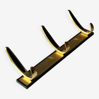 Rockabilly wall mounted metal  and brass coat rack with 3 hooks, vintage from the 1950s