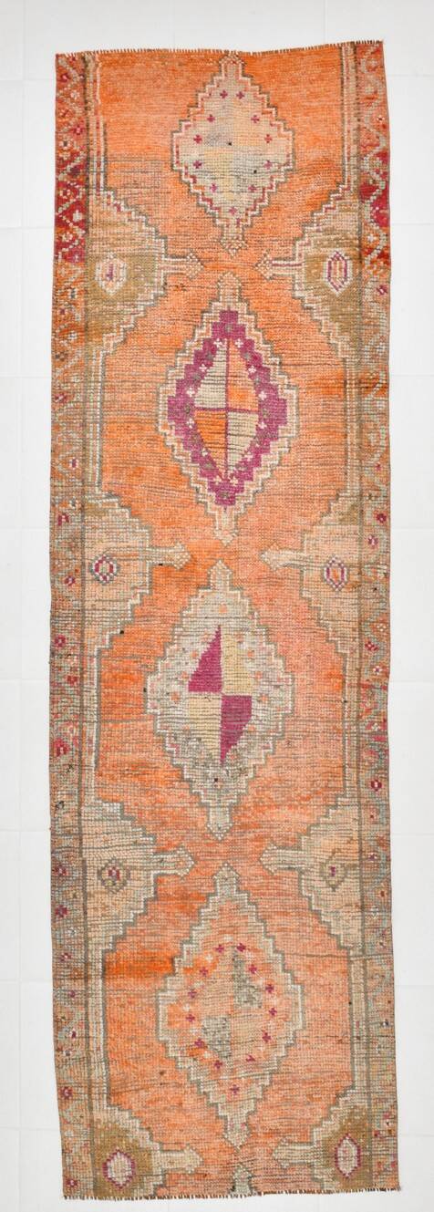 Pumpkin Orange & Pink Vintage Runner Rug, Anatolian Turkish Flatweave