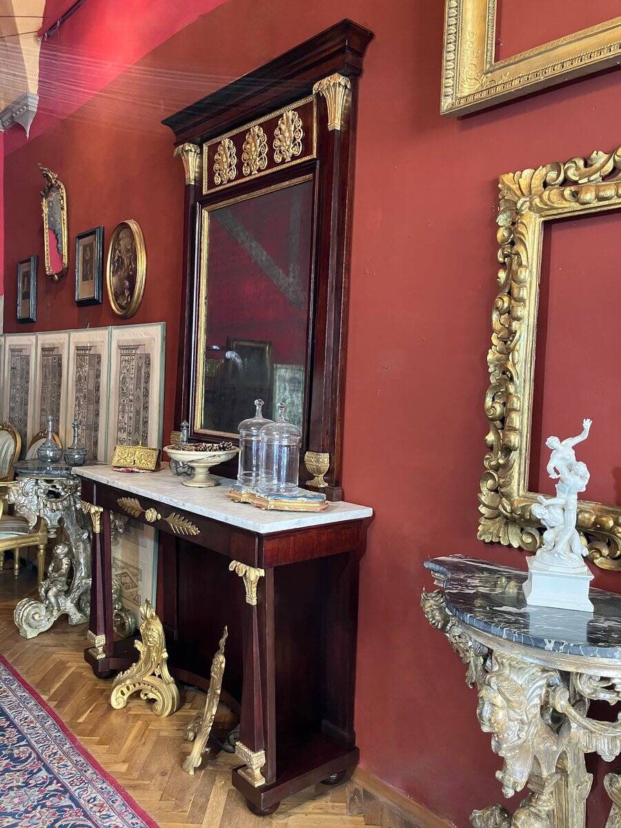 Italian Empire Mahogany and Parcel Gilt Console with Mirror and Carrara Marble Top, Late 18th Century