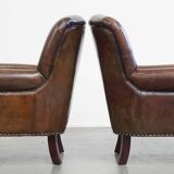 Set of 2 Cognac Brown Grained Cowhide Leather Chesterfield Armchairs