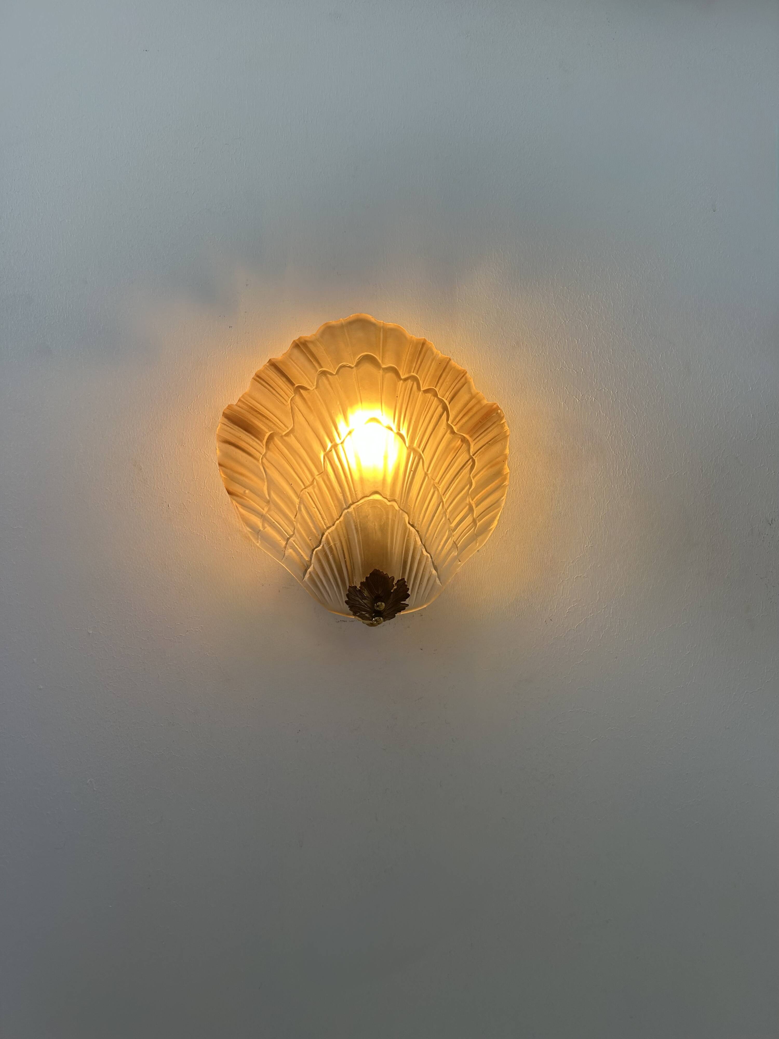 Pair of shell wall lights, glass and brass, France 1960