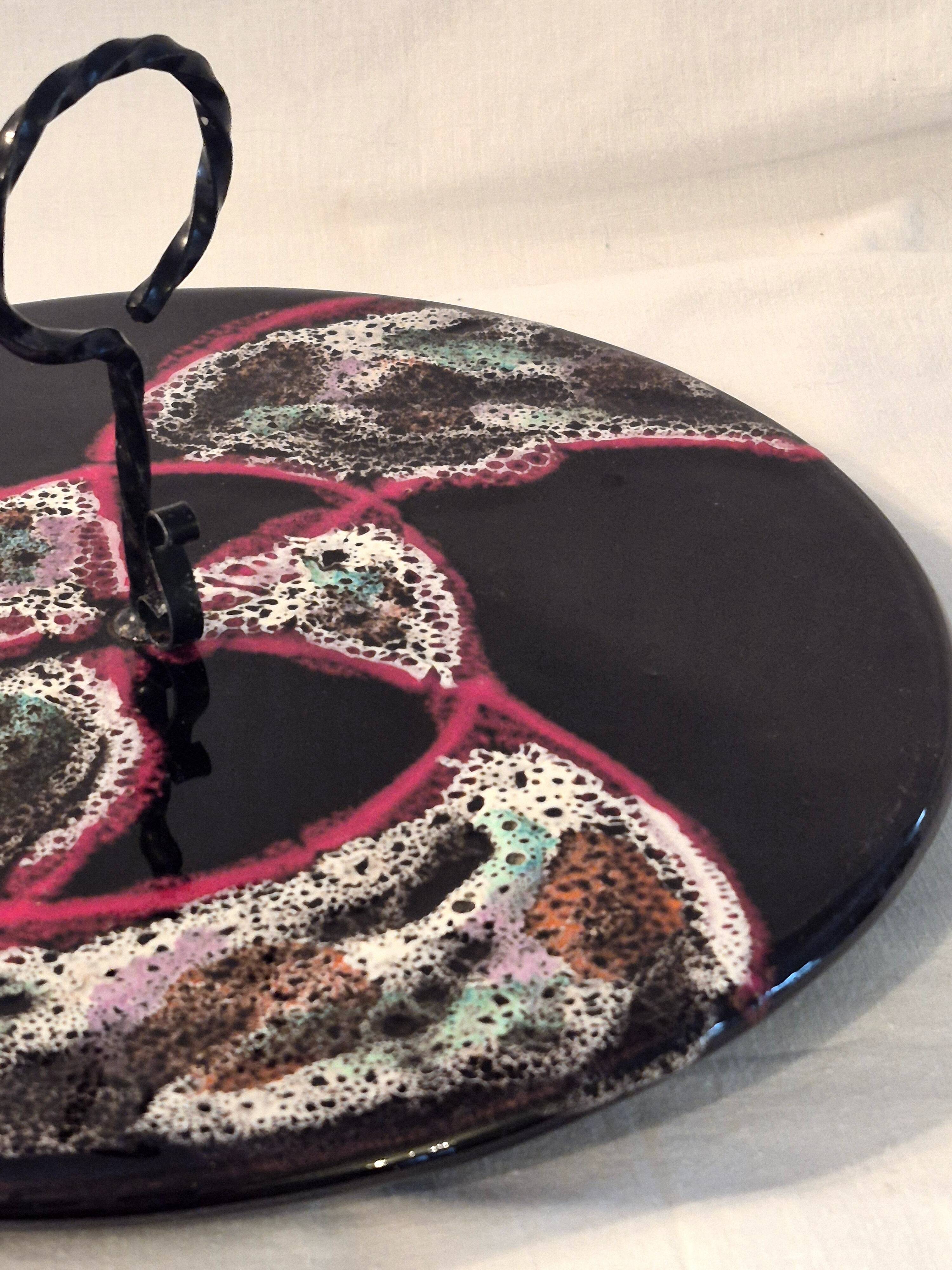 Cheese platter Vallauris glazed ceramic black red A035