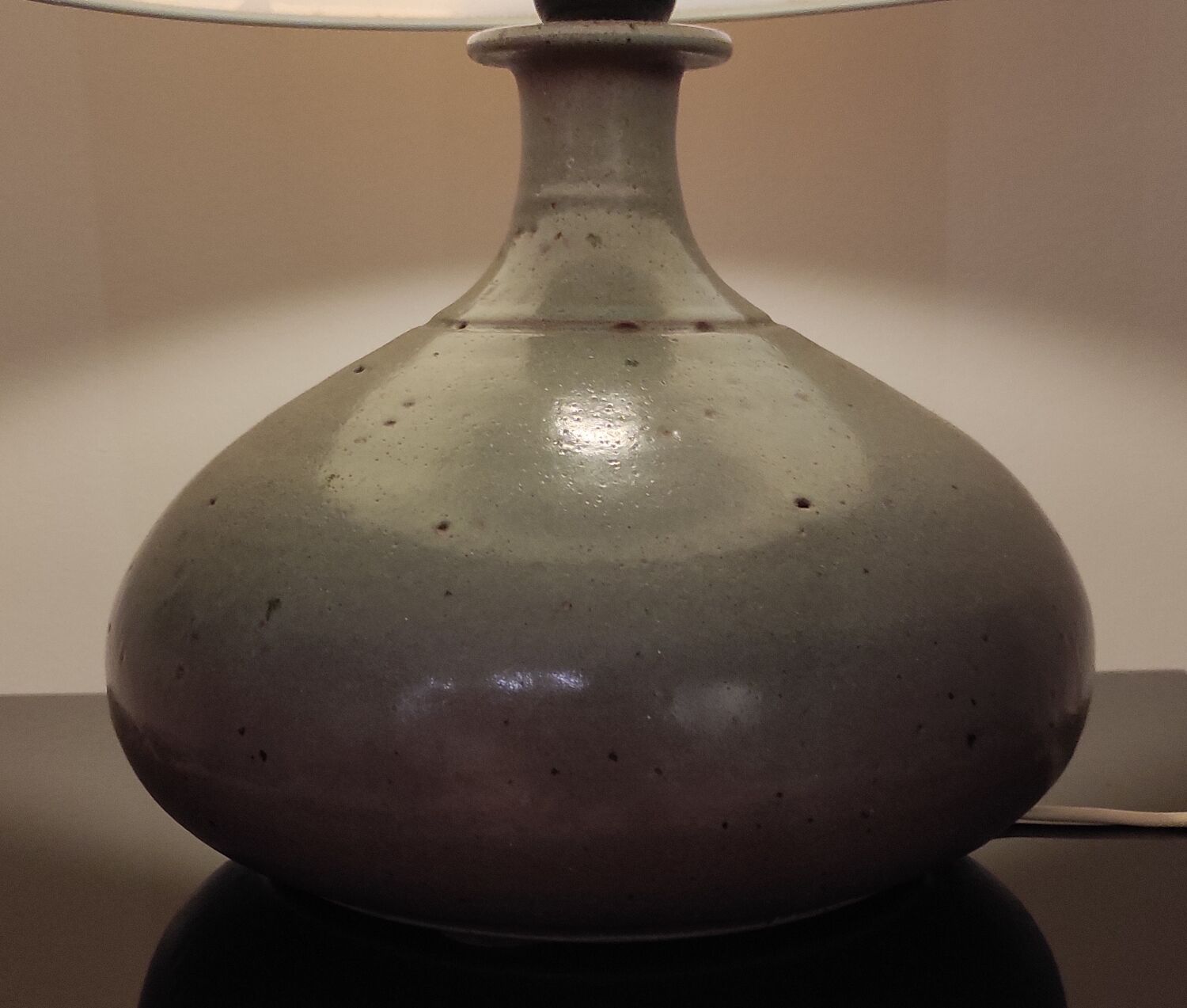 Vintage ceramic lamp signed & hand-painted silk shade 70s