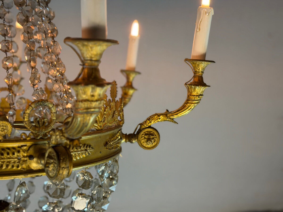 Empire style lustre with pearl beads in gilded bronze, circa 1880.