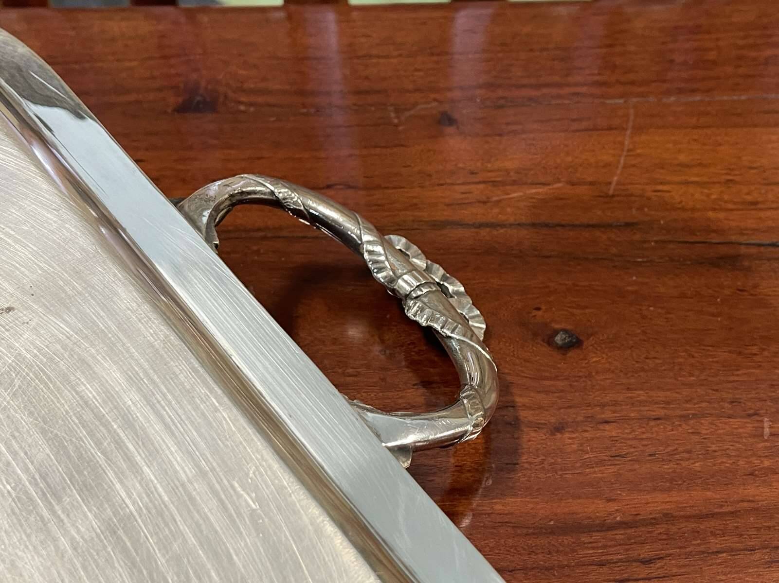 Rectangular tray with LOUIS XVI style handles in silver-plated metal, work from the 1950s