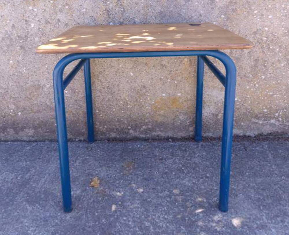 School table, wooden desk, metal, vintage, industrial style, 50s